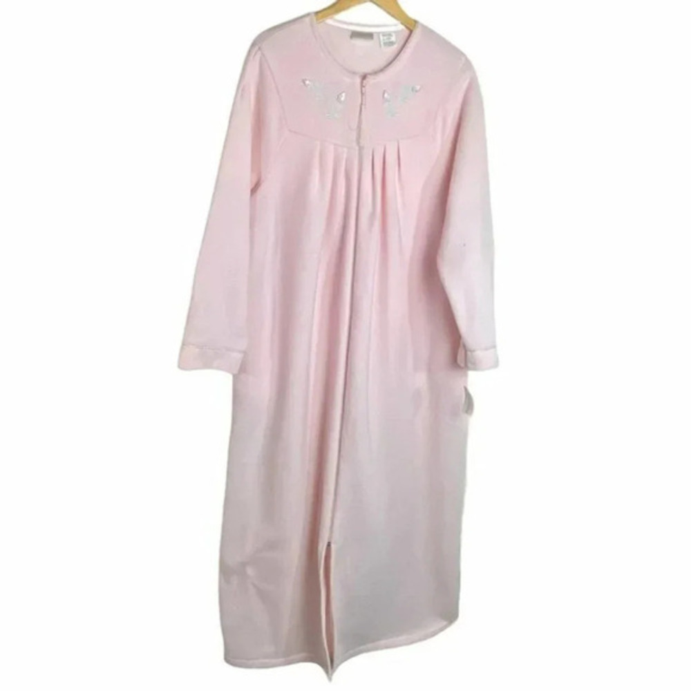 Adonna Womens L Embroidered Pink Full Zip Up Robe Lounger Housecoat Long Sleeves
